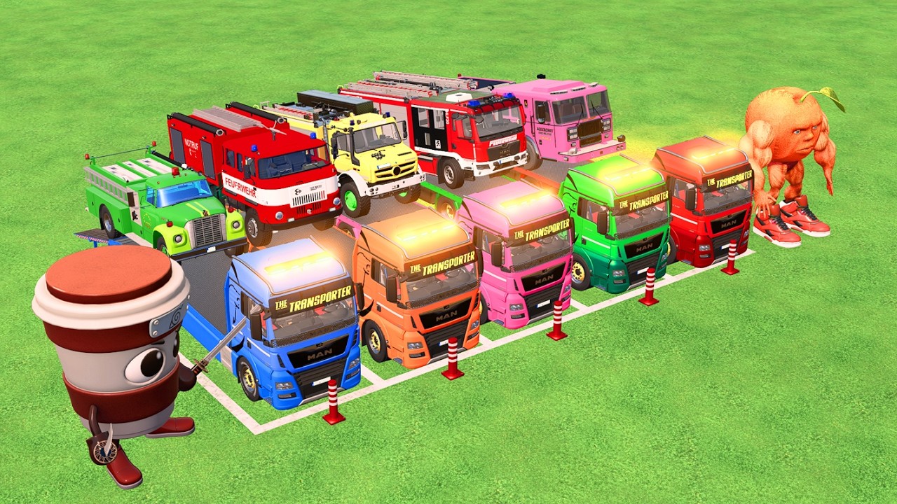 TRANSPORTING CARS, AMBULANCE, POLICE CARS, FIRE TRUCK, MONSTER TRUCK OF COLORS! WITH TRUCKS! - FS 22