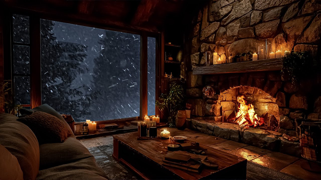 🔴 LIVE Cozy Winter Cabin Fireplace | Crackling Fire & Falling Snowstorm Ambience for Deep Relaxation