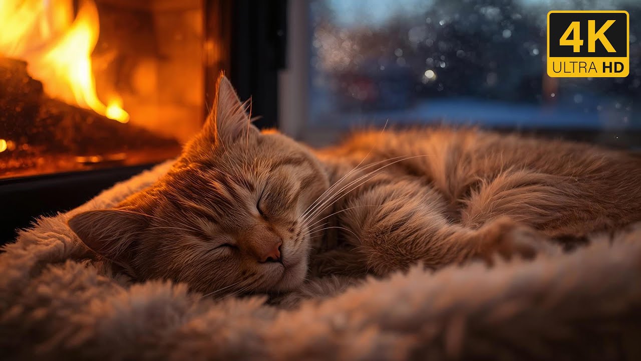 Cozy Cat Sleeping by the Fireplace 🐈🔥 Brown Noise & Gentle Purring for Deep Sleep (4K)