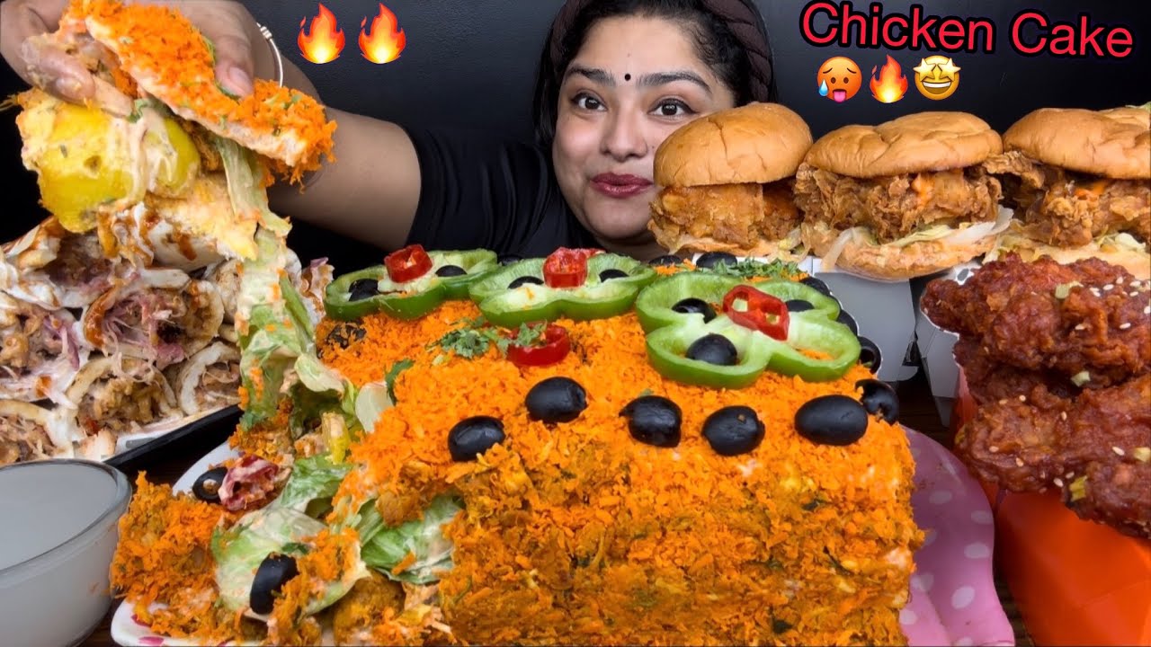 CREAMY CHICKEN CAKE 🔥MALAI CHICKEN ROLLS, FIERY CHICKEN WINGS 🥵WITH CRISPY CHICKEN BURGERS | MUKBANG