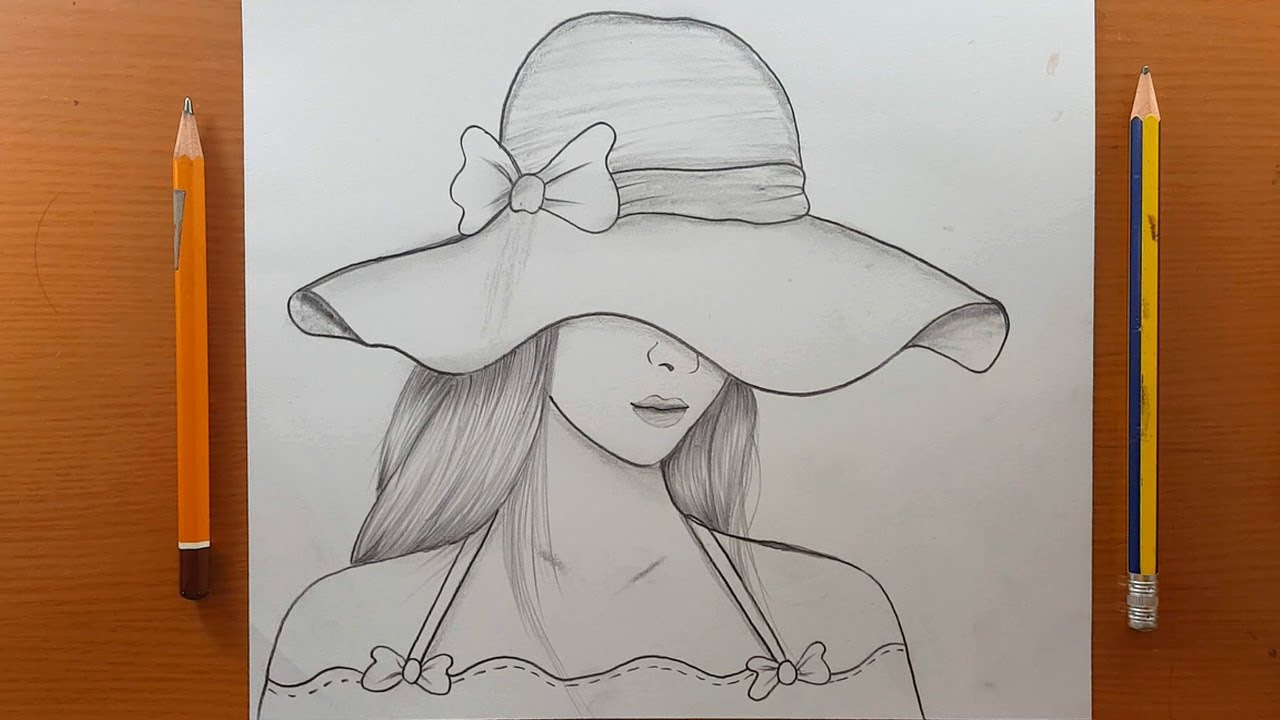 Come disegnare una ragazza che indossa un grande cappello || Schizzo a matita || Disegno facile