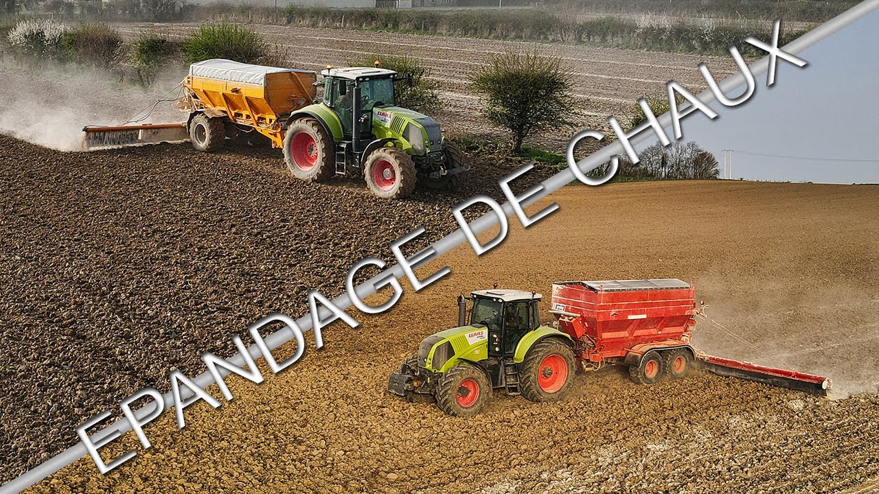 EPANDAGE DE CHAUX // 2 Claas 840 avec épandeur à chaux Panien et Prolog