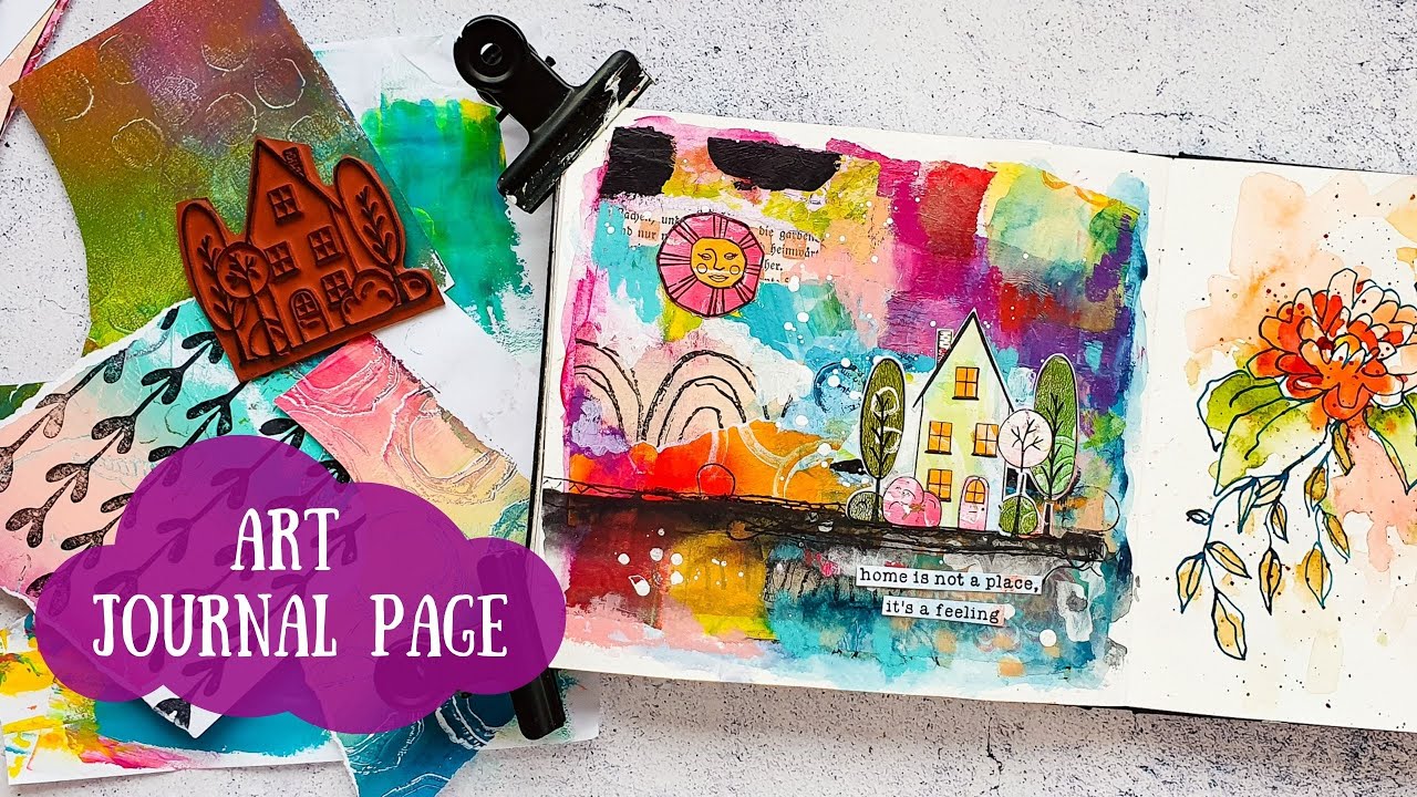Mixed Media Art Journal Collage - Cute House Scene