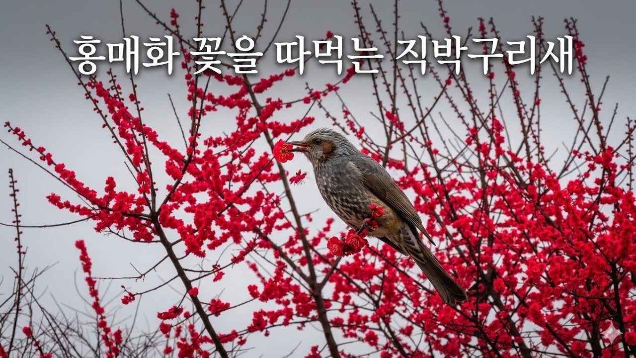 홍매화 꽃을 따먹는 직박구리새  ❤️자연의소리 