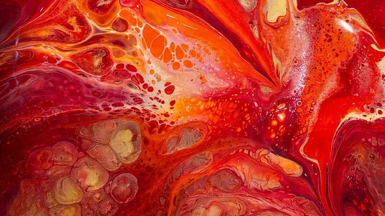 Red Dutch Pour Explosion | Fiery Cells with Gold & Orange | Fluid Art | Colour Series