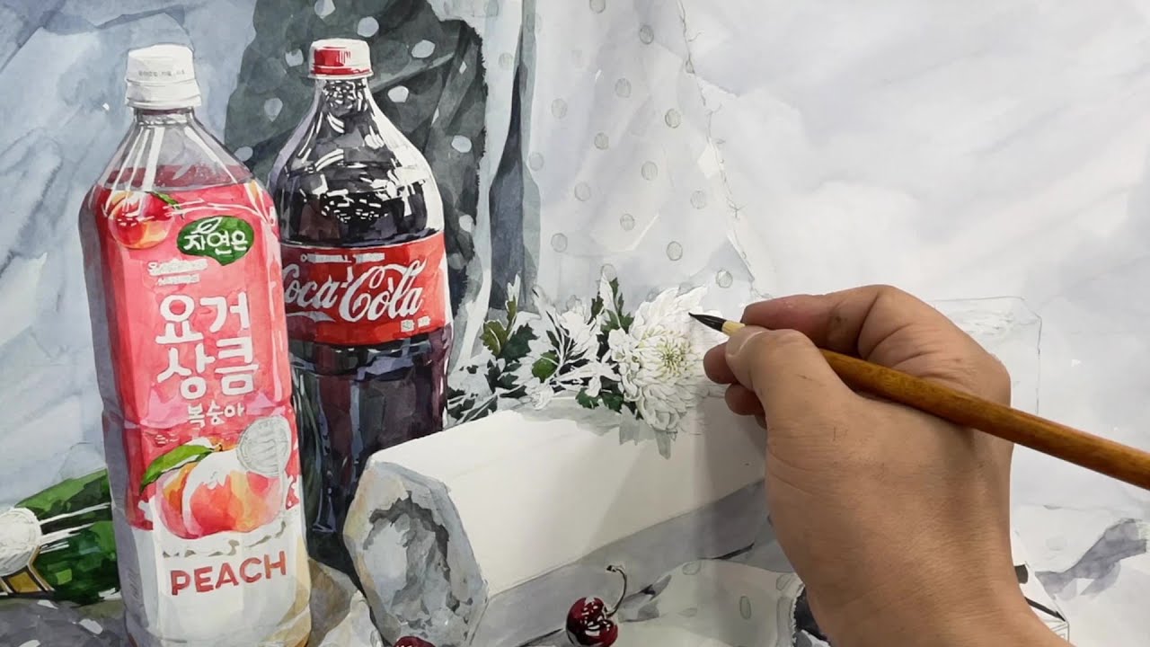 콜라병과 국화 초벌부터 중벌까지 (정물수채화)