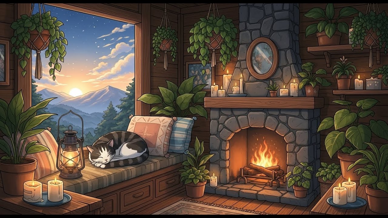 Forest Cabin Fireplace 🌲🔥 Rainy Lofi for Calm Study Time