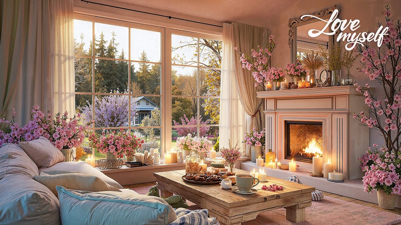 Spring Fireplace Ambience & Living Room🌺 Background Instrumental to Relax, Study, Work