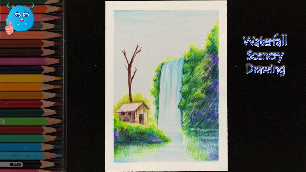 How to Draw Waterfall Scenery for Beginners Easy Step by Step in Pencil Colors