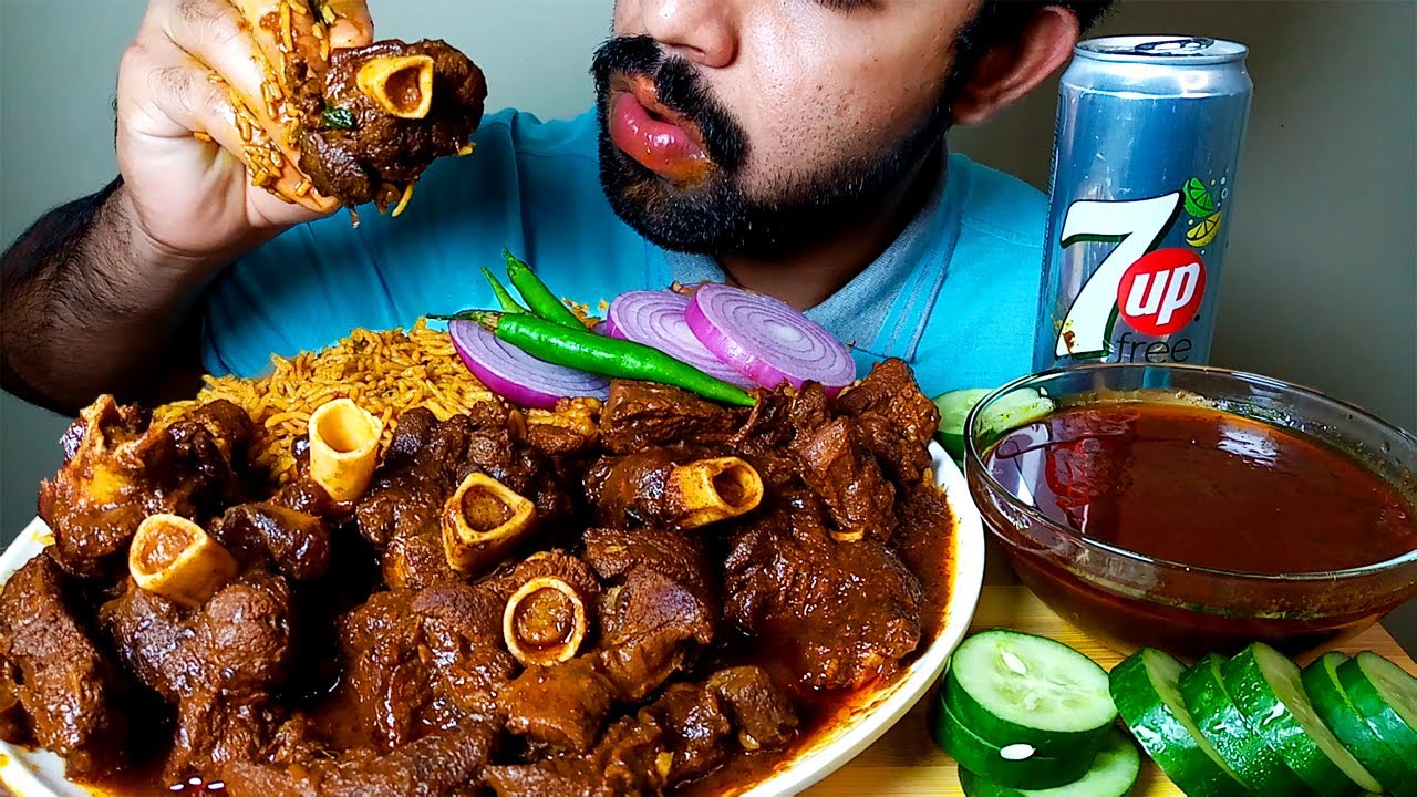 EATING SPICY MUTTON CURRY ll BASMATI PULAO EATING VIDEOllHUNGRYpiran