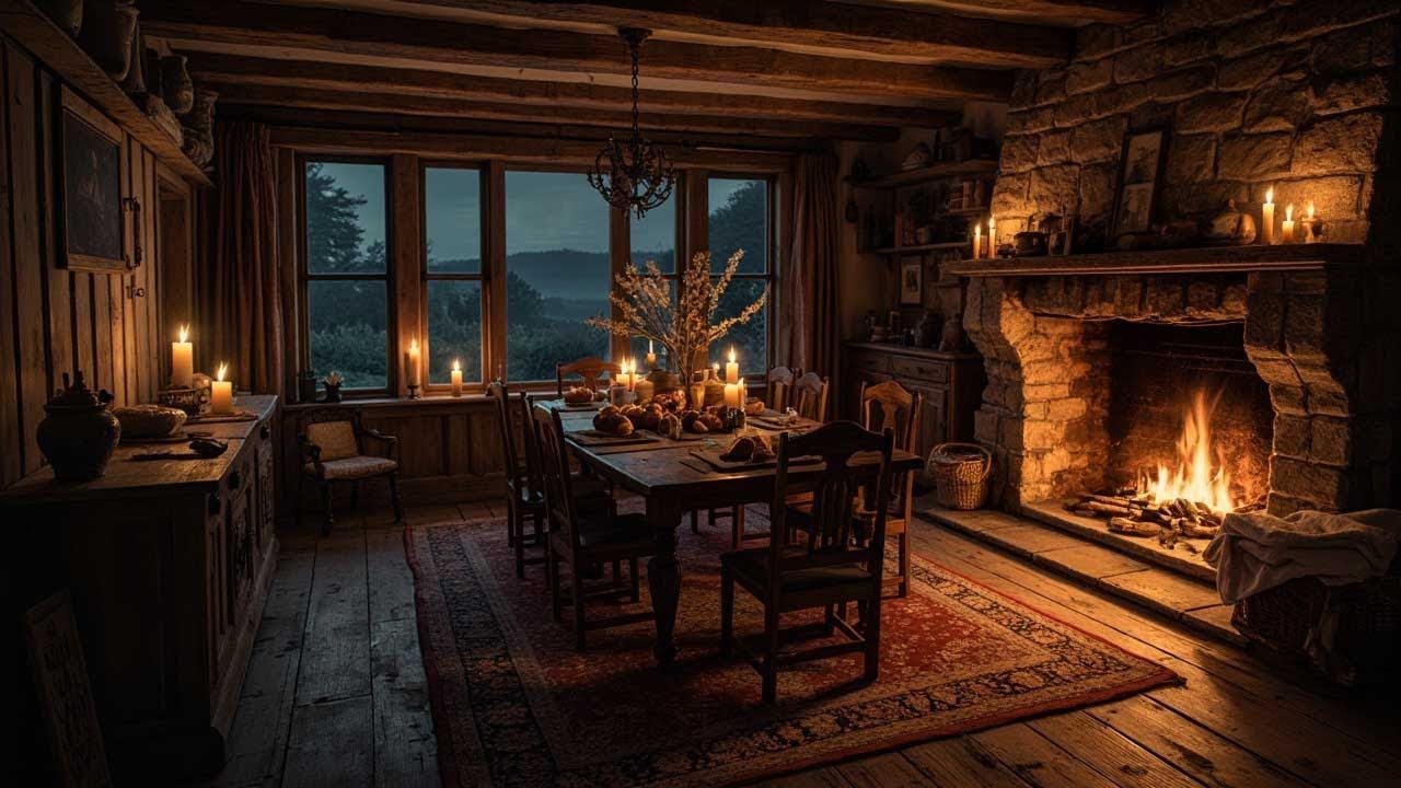 Cozy Cabin Dining Room 🔥 Gentle Piano, Fireplace & Candlelight Ambience 