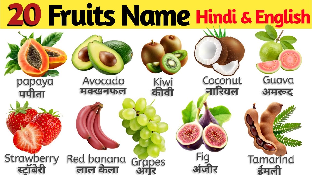 20 फलों के नाम हिंदी और इंग्लिश में। Fruits Name | fruits name | फलों के नाम | 20 fruits #fruitsname