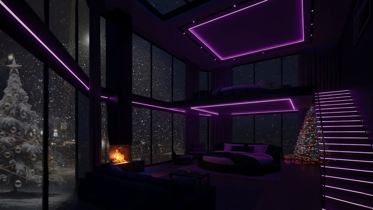 Warm Fireplace Ambience 2025 | Snow Christmas Night with Gentle Wind &  Luxury Apartment in NY City