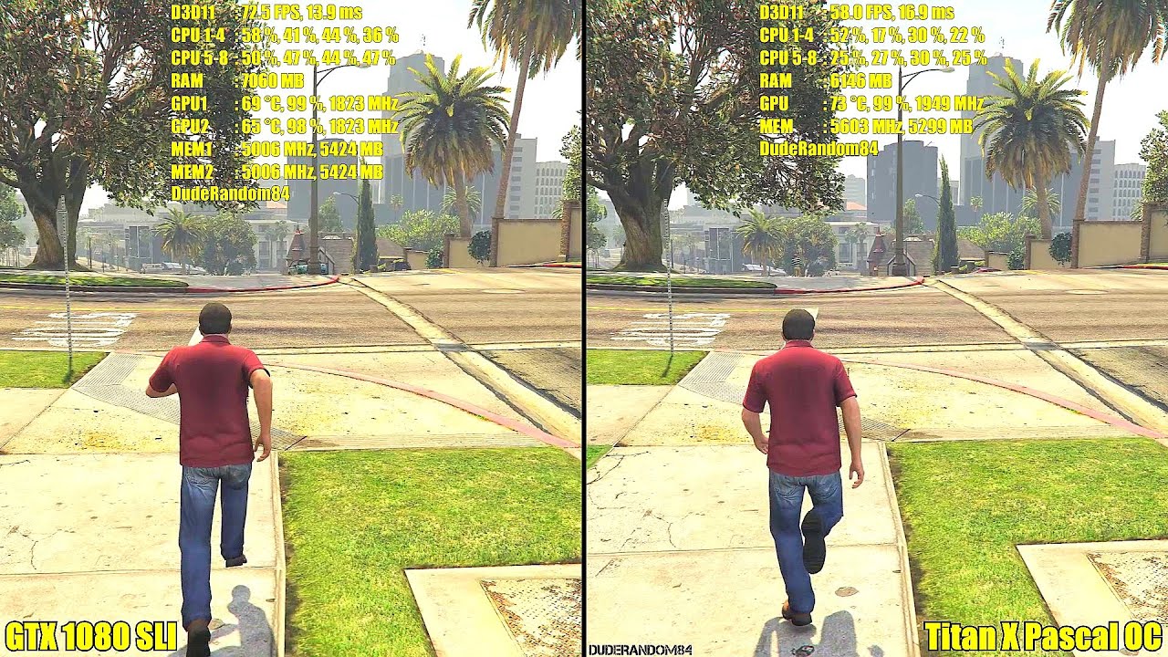 Titan X Pascal Overclocked Vs GTX 1080 SLI Stock 4K GTA 5 Ultra Settings Frame Rate Comparison
