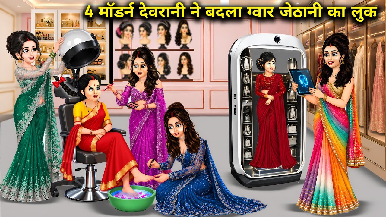 4 मॉडर्न देवरानी ने बदला ग्वार जेठानी का लुक। Cartoon videos। Hindi Stories ke diwane। 