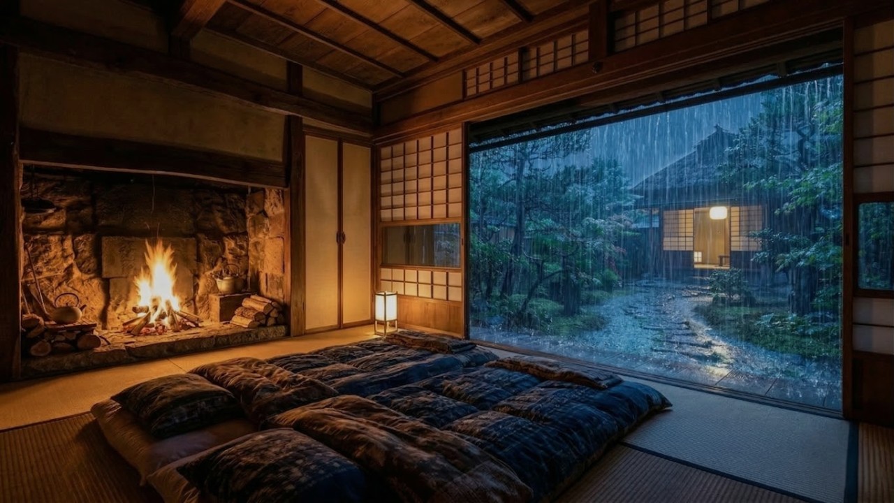 🌧️A soothing rainy night and a warm fireplace help you drift off to sleep #relaxingrain #relax