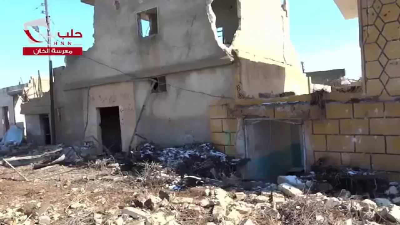حلب نيوز || آثار الدمار نتيجة استهداف قرية معرسة خان في ريف حلب الشمالي بالصواريخ الفراغية 21-2-2015