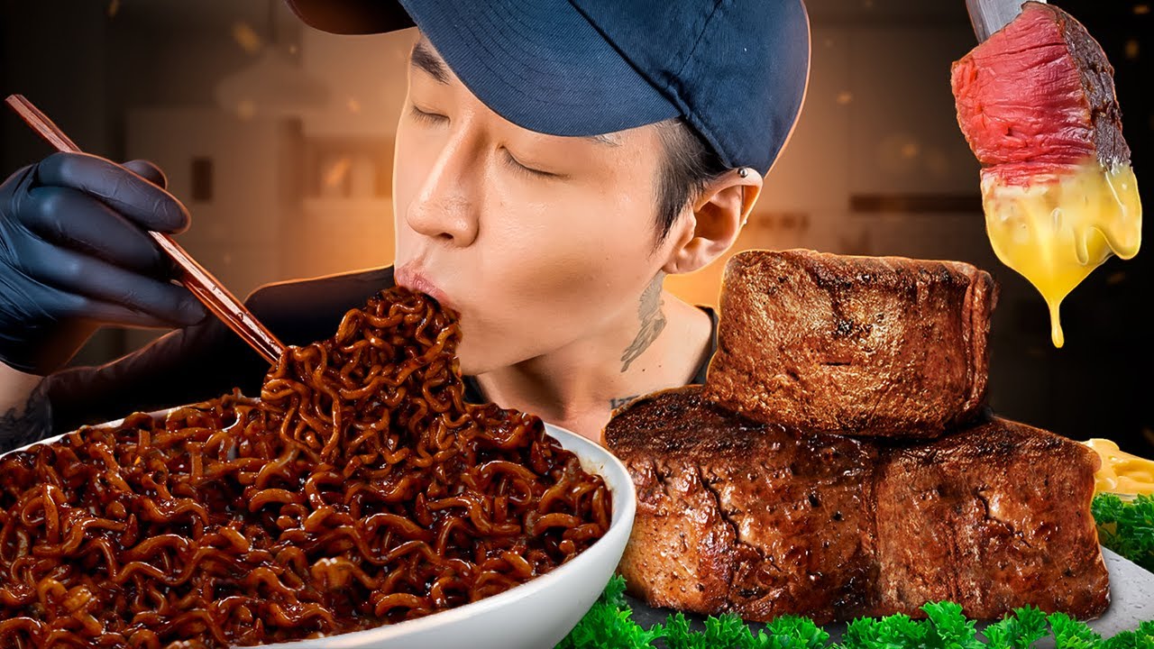 ASMR MUKBANG BLACK BEAN FIRE NOODLES & CHEESY FILET MIGNON | COOKING & EATING SOUNDS
