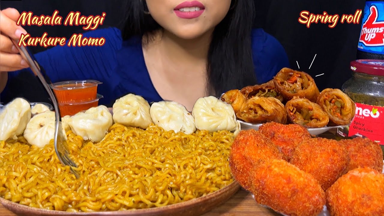 Eating Masala Maggi Noodles , Spring Roll, Veg Steamed Momo & Kurkure Momo | MUKBANG | STREET FOOD |