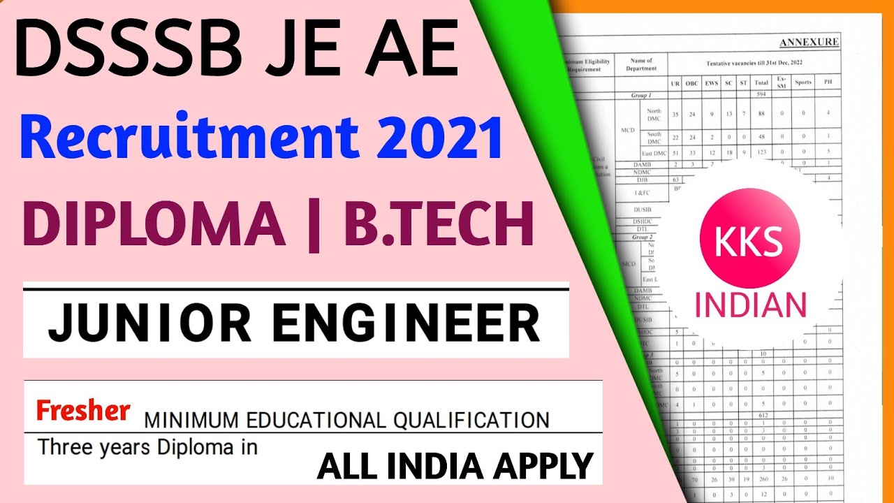 DSSSB JE AE Vacancy 2021 | Diploma B.tech | Fresher | All india Apply | Junior Engineer Vacancy 2021