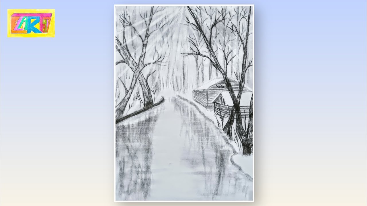 A Winter Landscape Scene Drawn with a Charcoal Pencil for Beginners Step by Step with Easy Way 