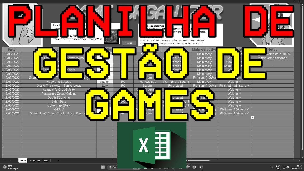 Organize sua lista de jogos! - Planilha de Gest&atilde;o de Games (GR&Aacute;TIS)