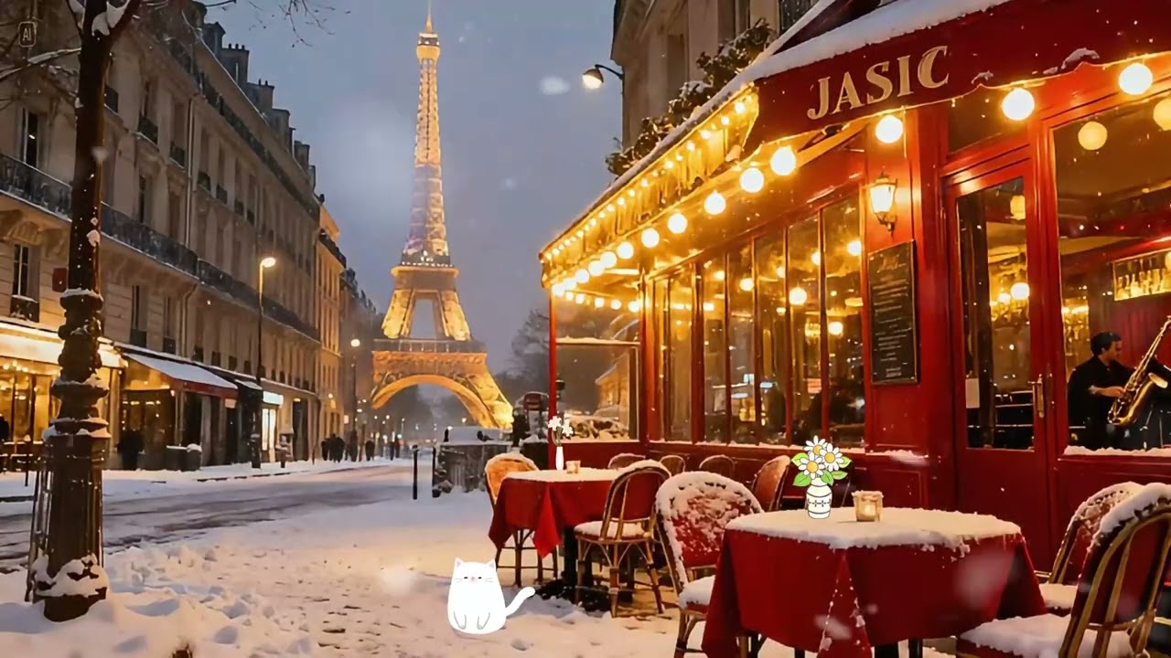 Winter Jazz Café | Cozy Snowfall Evening ❄️ | European Street Ambience | 3 Hours