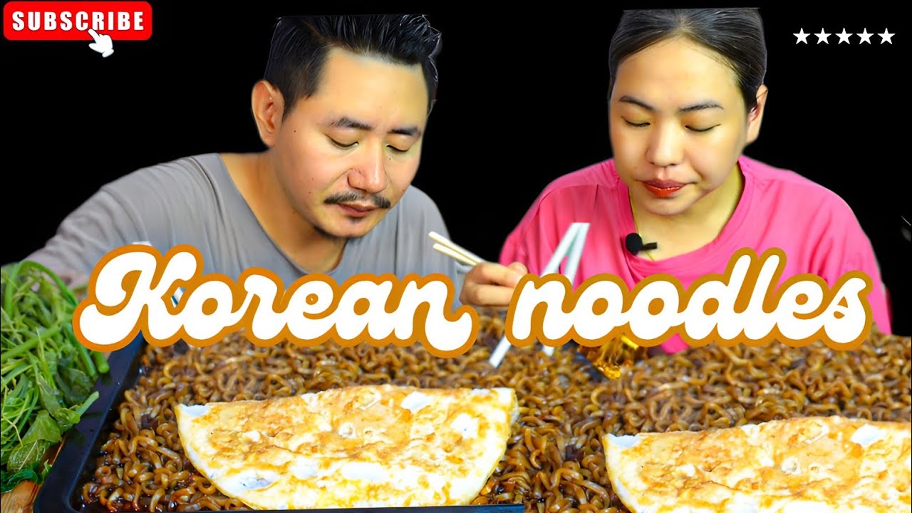 Korean noodles with sunny-side up and green Veggies 