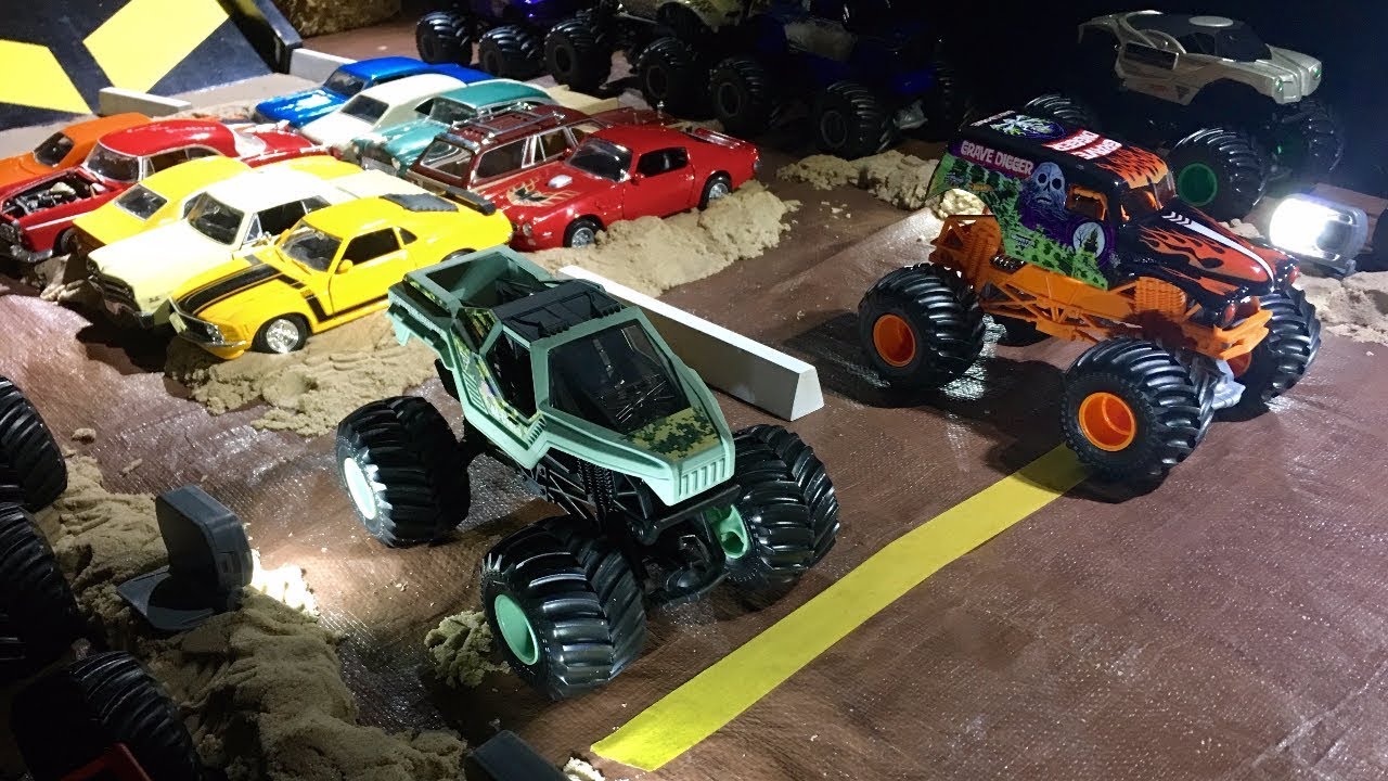 Sixteen Hot Wheels Monster Jam 1/24 scale Race across the Kitchen Table!!!