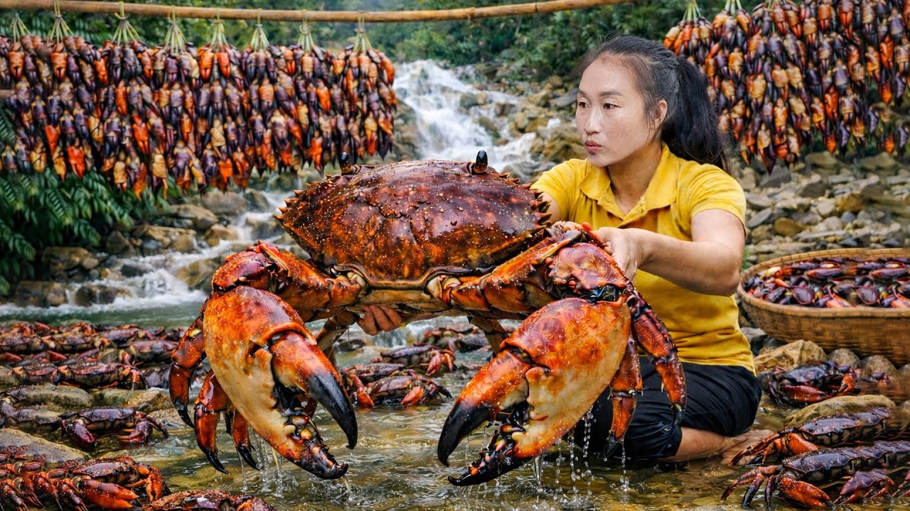 Harvesting green vegetables, scallions, bananas, and catching giant crabs to sell at the market