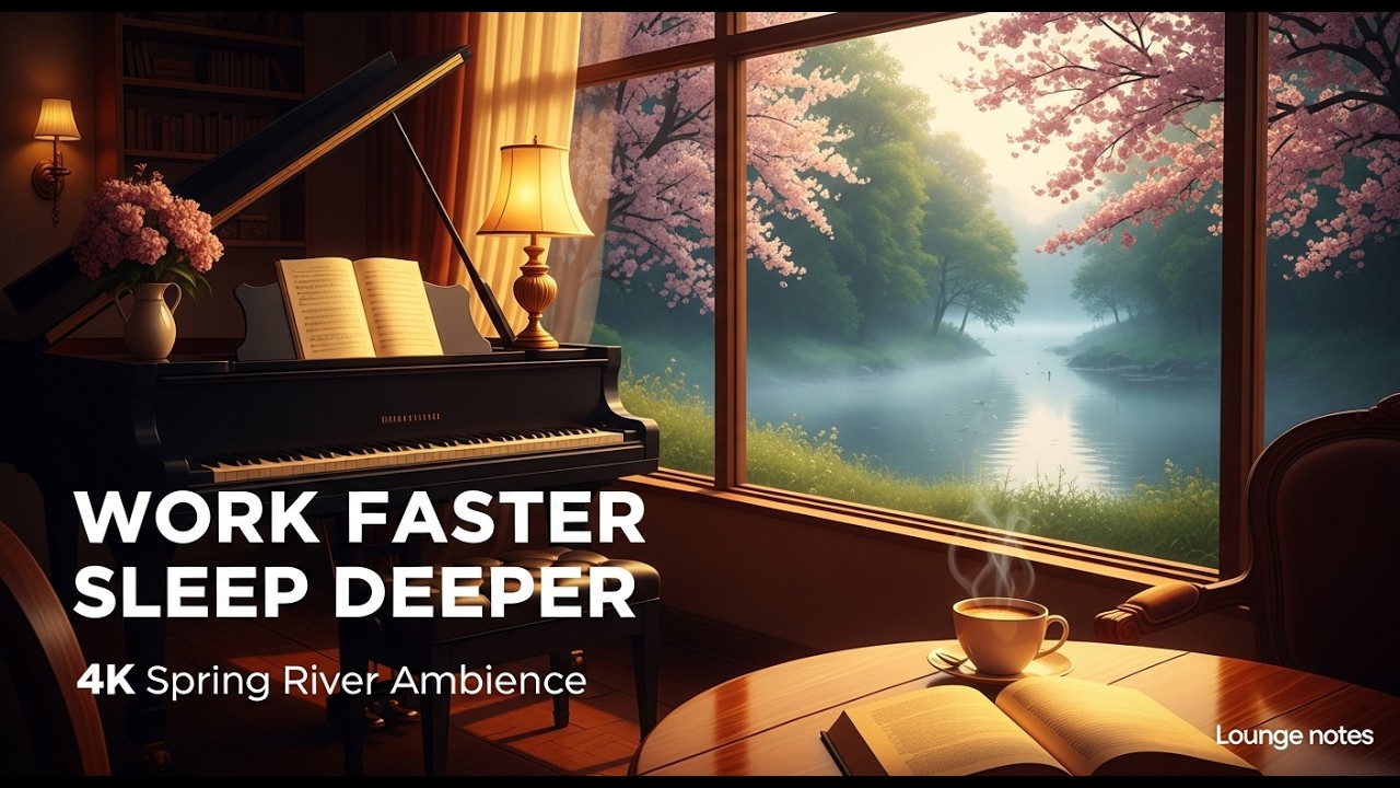 4K Spring River Cafe Jazz Piano 🌸 Cozy Ambience for Deep Work, Study, Reading & Calm Sleep 💤