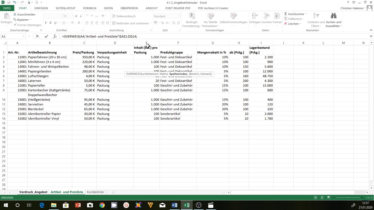 SVERWEIS in Excel am Beispiel Angebotsformular Rechnungsformular - Lernvideo - einfach erklärt