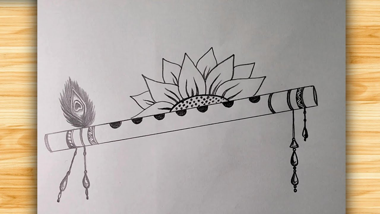 Easy Krishna Bansuri Drawing | Simple Black & White Line Art with Peacock Feather