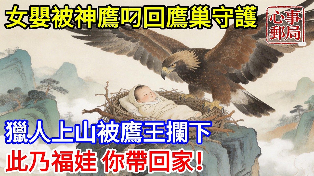 女嬰被棄雪嶺奄奄一息，被山中神鷹叼回鷹巢守護，獵人上山被鷹王攔下，鷹王主動托出孩子：此乃福娃，你帶回家！從此家中喜事不斷！【心事郵局】#民間故事#傳統故事#故事頻道#聽書#睡前故事#情感