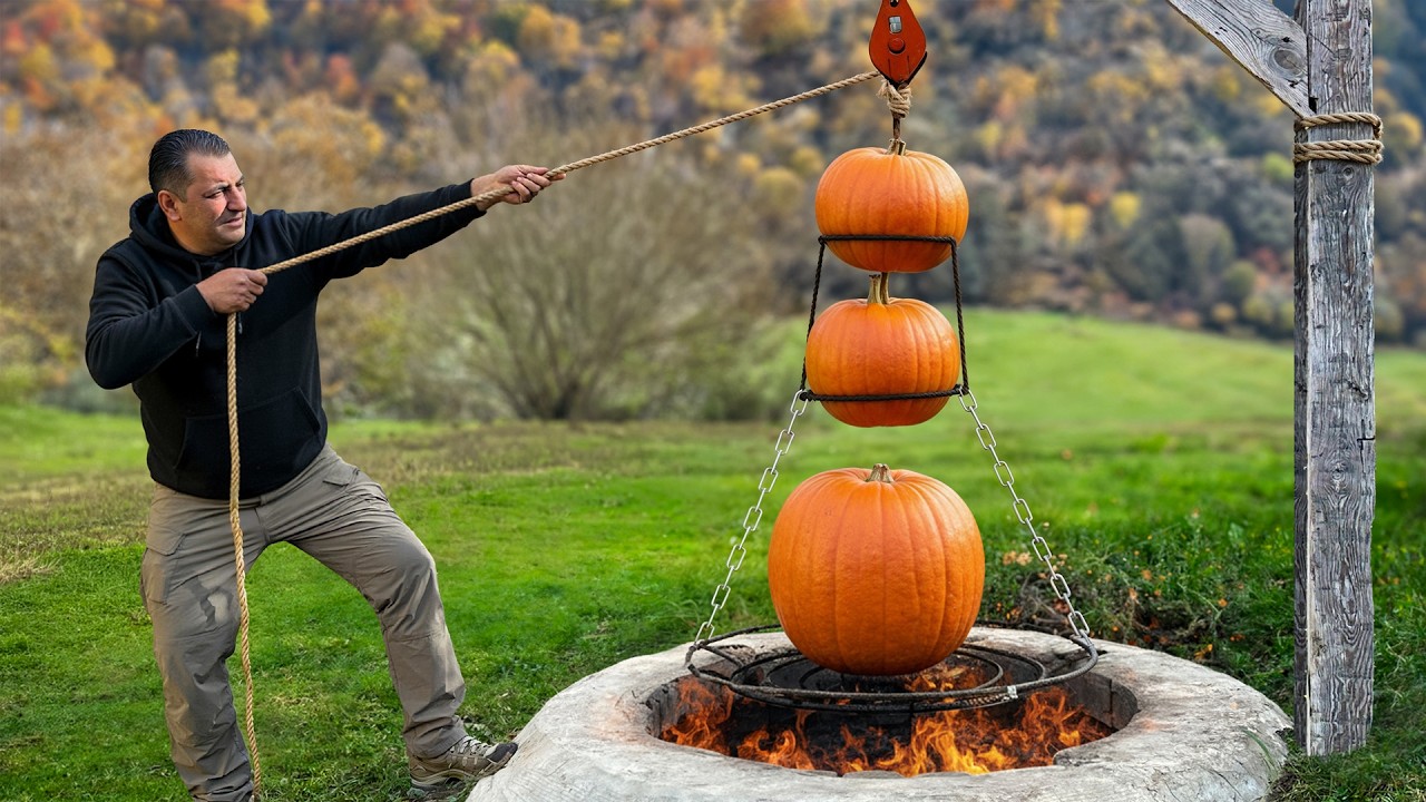 أطبخ طبقًا شهيًا داخل يقطينة طازجة من حديقتي! والقرية بأكملها سعيدة جدًا 🎃🔥