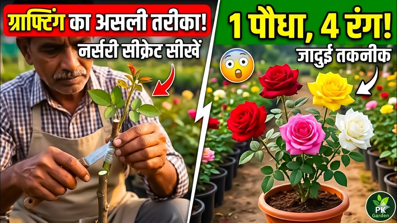 1 पौधे में 4 रंग के गुलाब!🌹नर्सरी वाले भैया से सीखें ग्राफ्टिंग