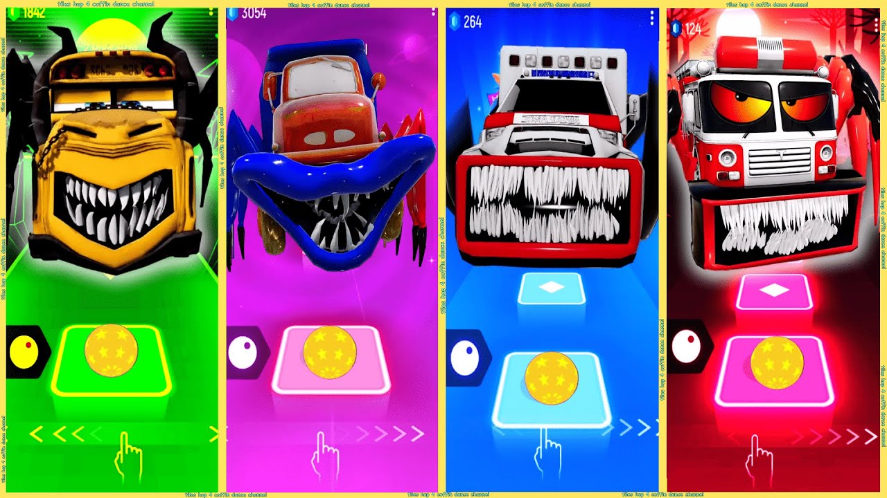 coffin dance - School Bus vs Ambulance Truck vs Scary Truck Eater vs Fire Truck Eater | Tiles HOP❗🔥🔥