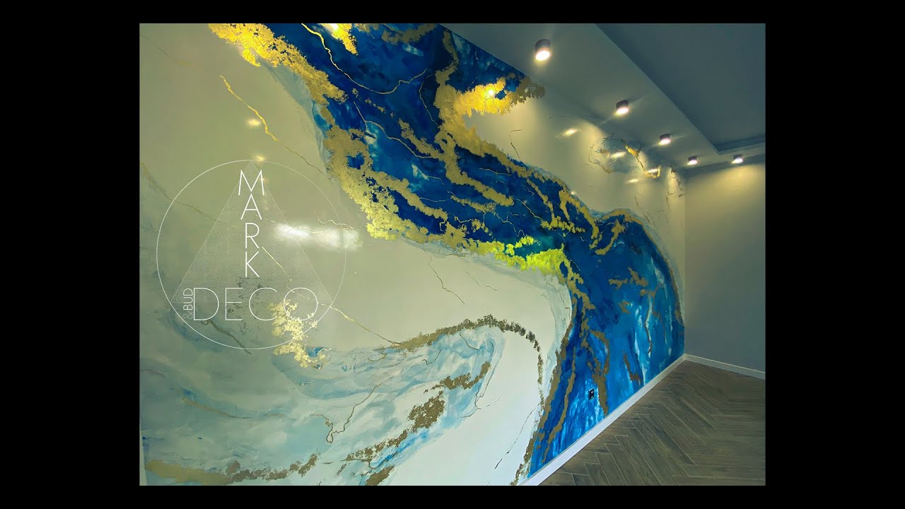Apply Venetian Plaster Blue Ocean Color Gold Lines/ Niebeski Stiuk Wenecki Ze Złotem