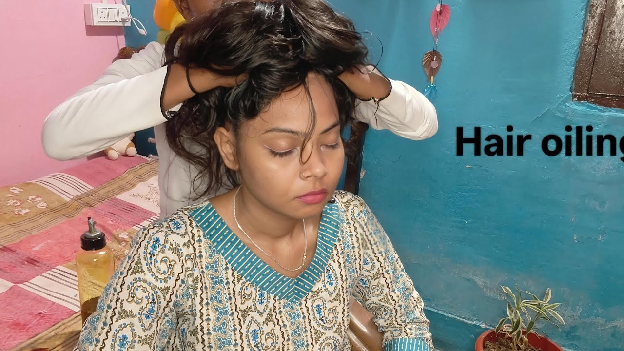 “Relaxing hair oiling with Baijanti while thunder roars outside 🌩️💆‍♀️ | 