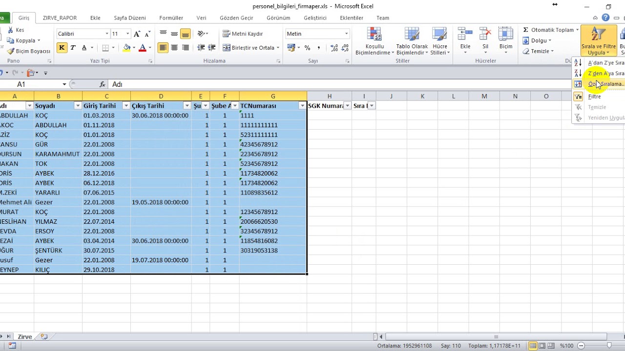 Microsoft Excel ile Ad ve Soyada göre veya Tarih Saat Özel Sıralama