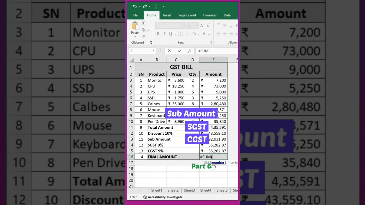 Create GST bill in Excel Part 06 #excel #advancedexcel #exceltricks #exceltutorial #gstbill