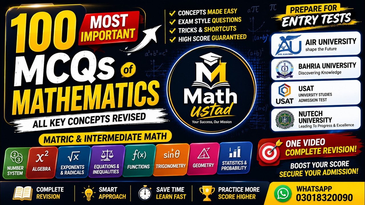 100 Most Important Mathematics MCQs | Complete Matric & Intermediate Revision | Entry Test Preparati