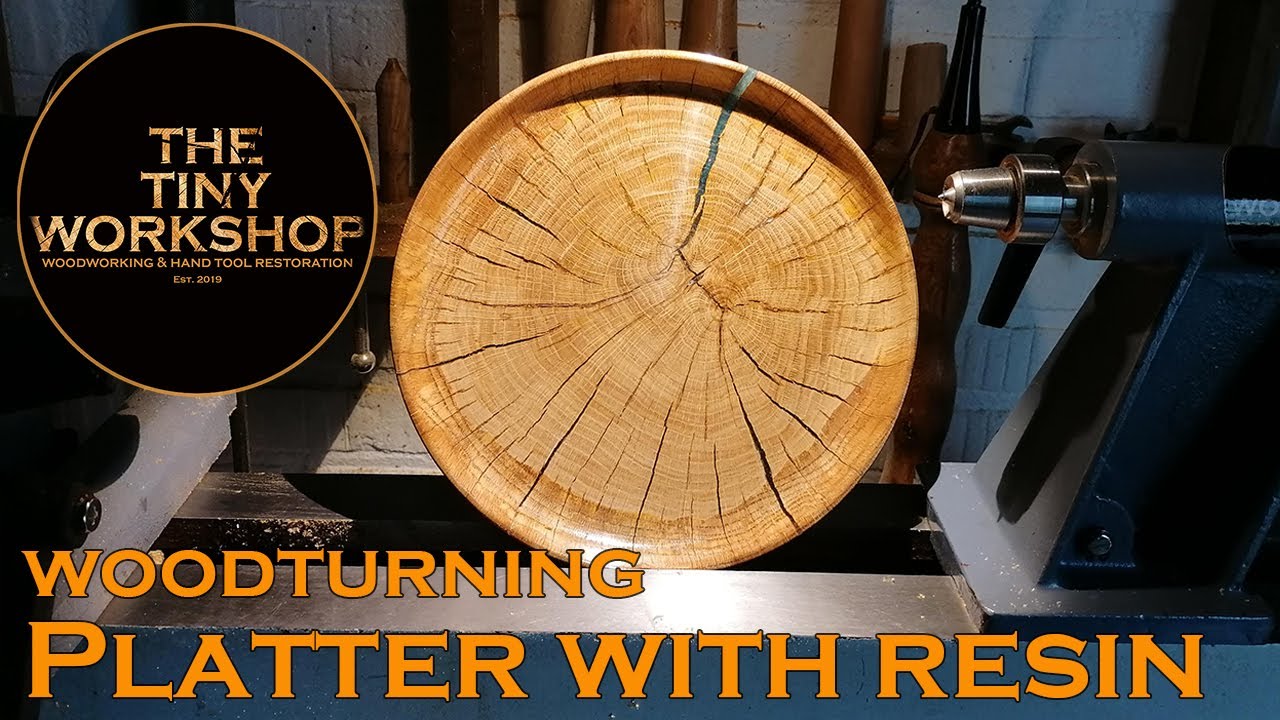 Woodturning - Oak platter with resin grain and cracks.