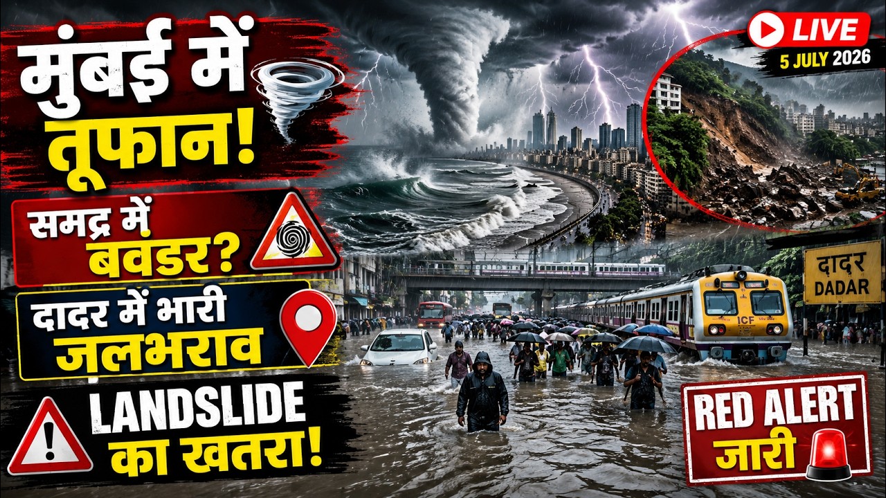 Mumbai Rain LIVE 🔴 मुंबई में तूफान! समुद्र में बवंडर? दादर में भारी जलभराव |Landslide Alert | 5 July