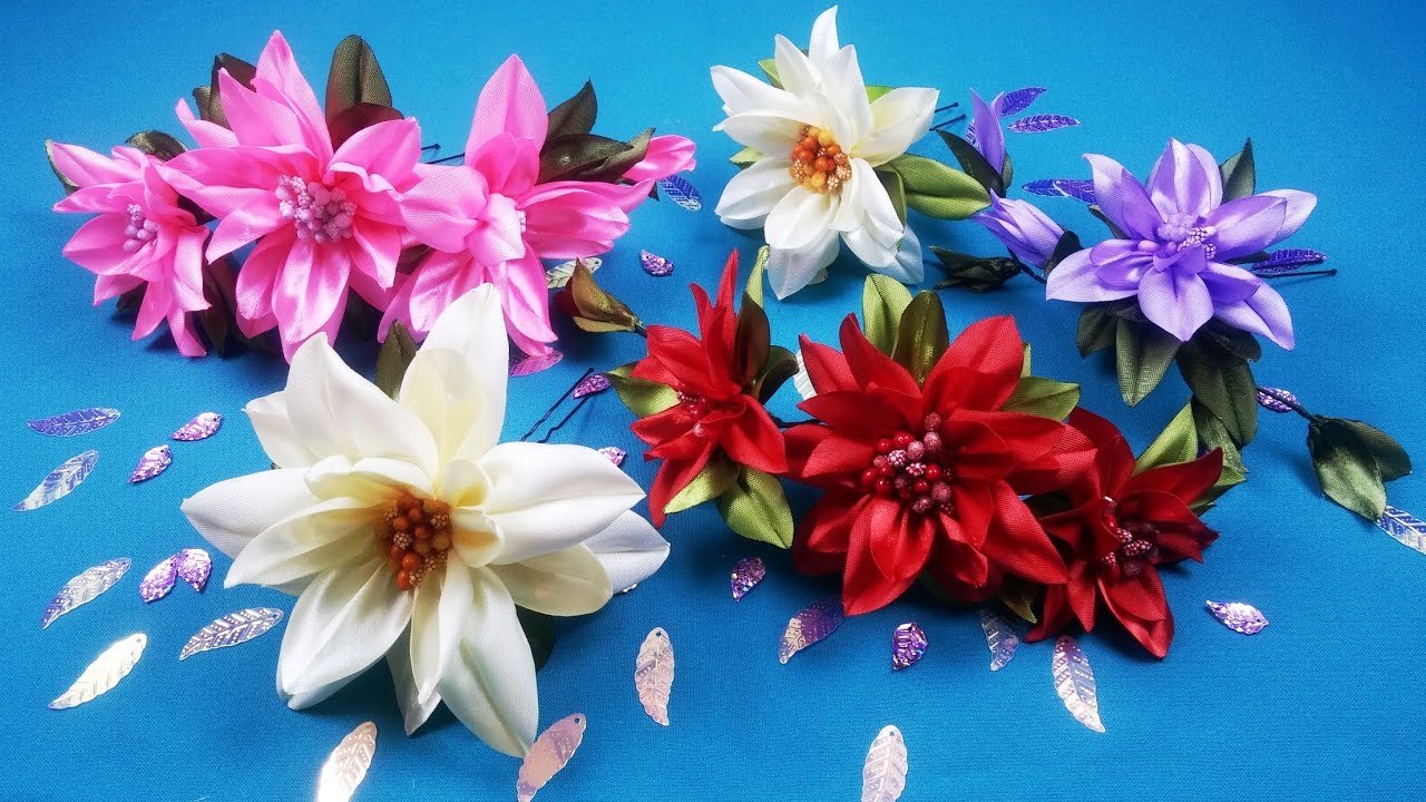 Hairpin wiht easy ribbon flowers/Horquilla con flores simples de cintas/Шпилька с цветами из лент.МК