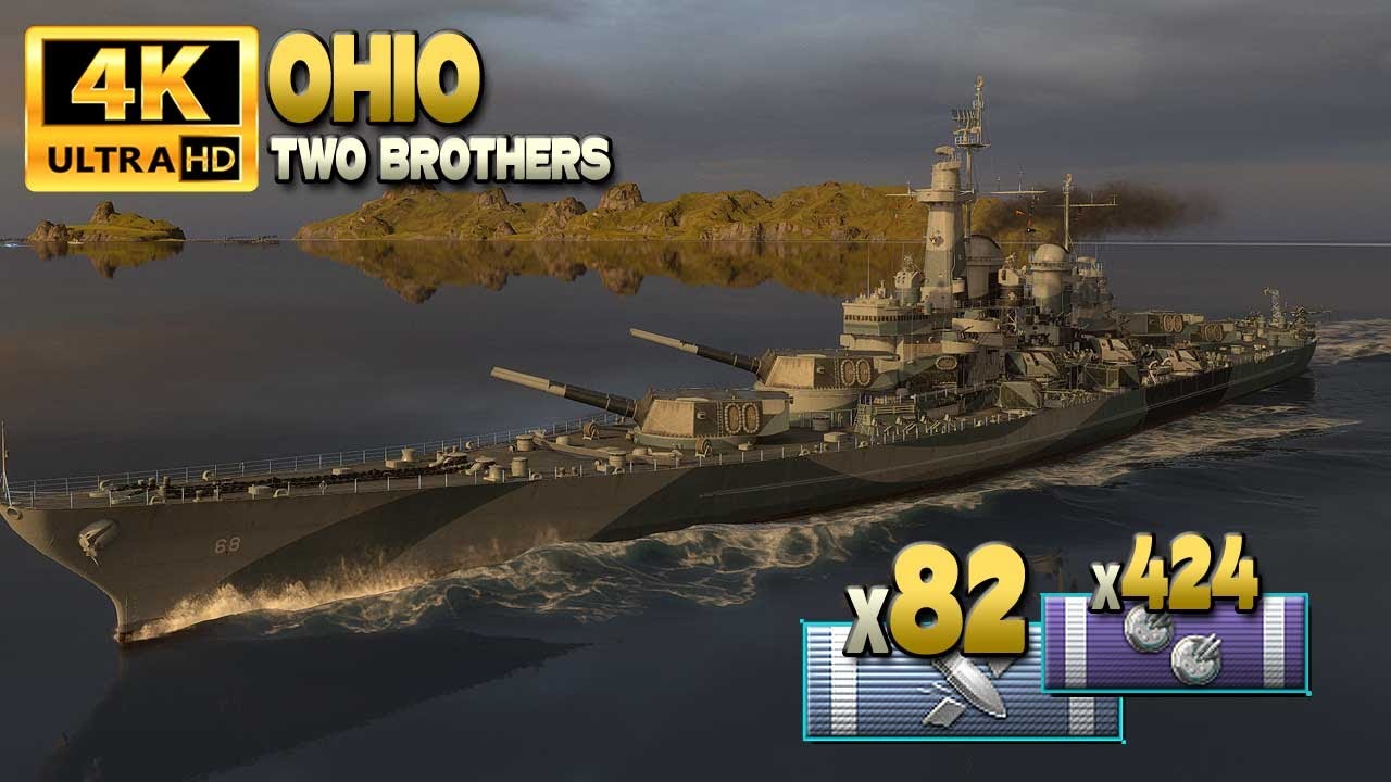 линкор «Огайо», наступление на карте «Два брата» - World of Warships