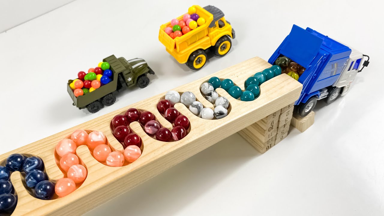 Marble Run Race ☆ HABA Slope & Retro Makita Truck, Excavator, Garbage Truck, Dump Truck, Ambulances