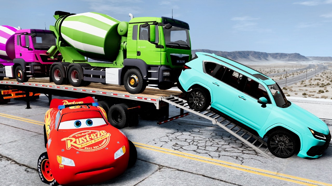Flatbed Truck McQueen | Transportation with Truck - Pothole vs Car #66 - BeamNG.Drive