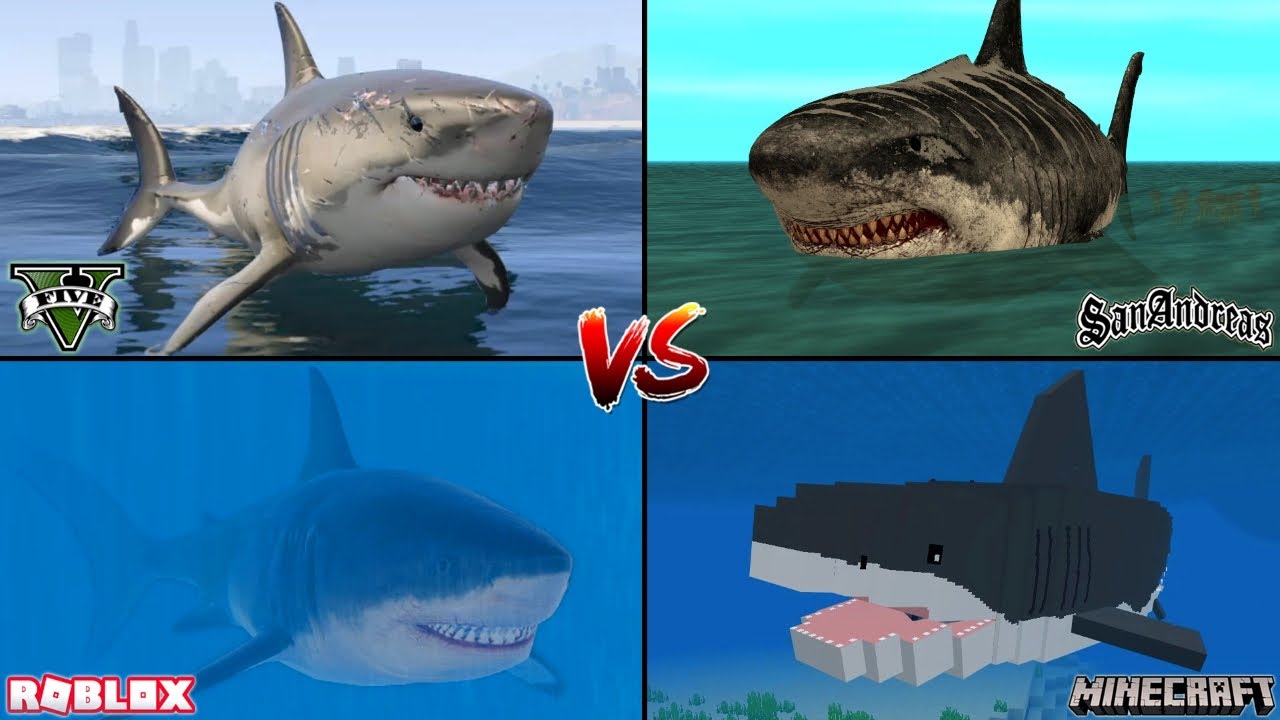 Mega Shark Battle: GTA 5 vs Minecraft vs Roblox vs San Andreas! - WHO IS BEST?