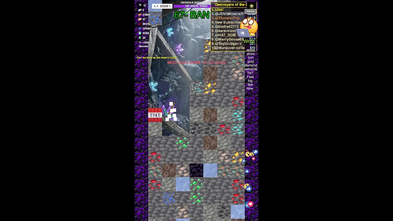 FALLING PICKAXE Chat Control TNT-Boom | LIKE=MEGA TNT | Viewer Leaderboard #minecraft #shorts